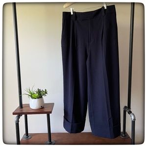 ZARA | straight wide leg flannel cropped pants in navy blue